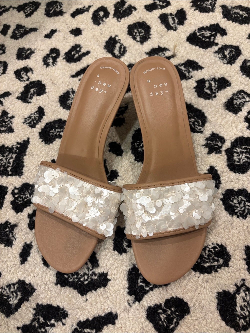 a new day Tan Slide Sandal Kitten Heel with White Sequin Strap